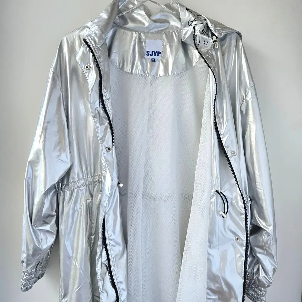 SJYP Silver Long Metallic Raincoat Hooded Womens Size Medium Korean Brand Edgy